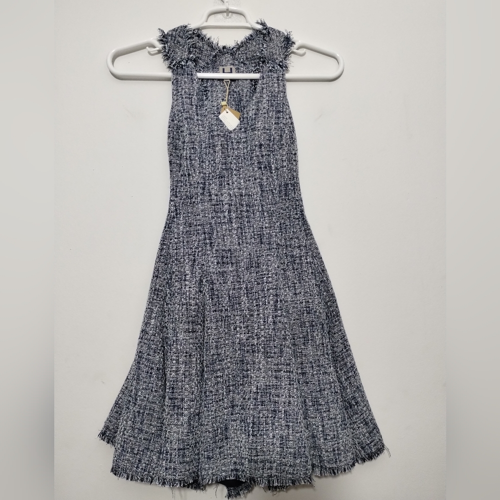 Adolfo Dominguez Tweed Mini Dress Women's S Fit Flare Cut Out Back Pleated